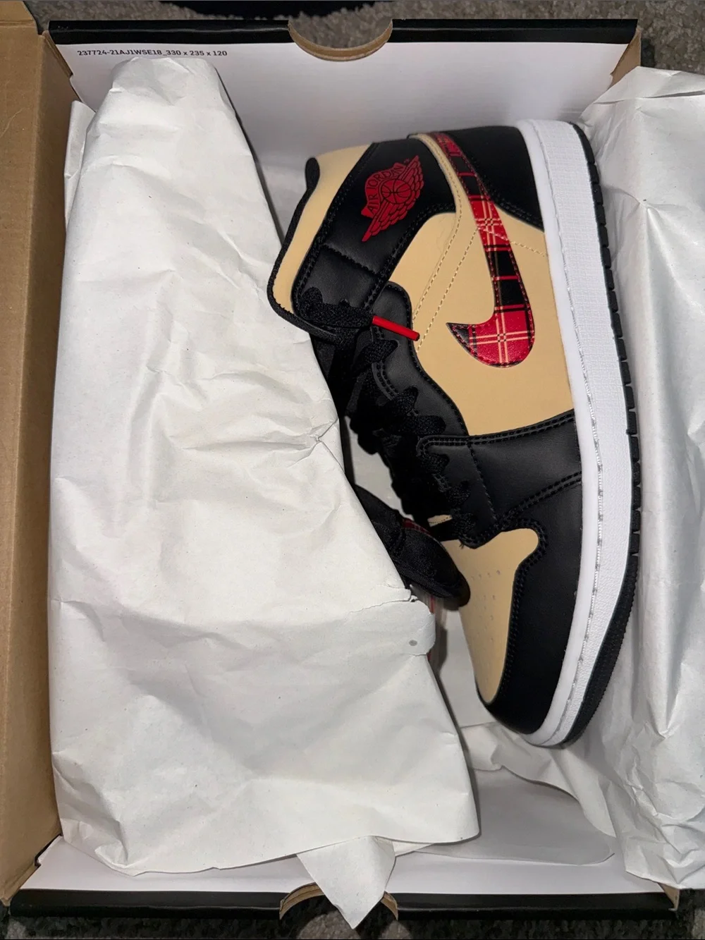 Men's Jordan 1 Mid SE Black and Beige High-Top Plaid Accent Sneakers